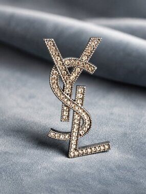 Sparkling Crystal Monogram Brooch Rhinestone Statement Pin Silver Tone